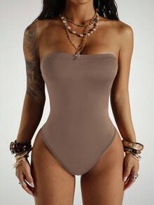 StreetHx Streetwear Women's Sleeveless Bandeau Bodysuit, Summer - Khaki - View 5