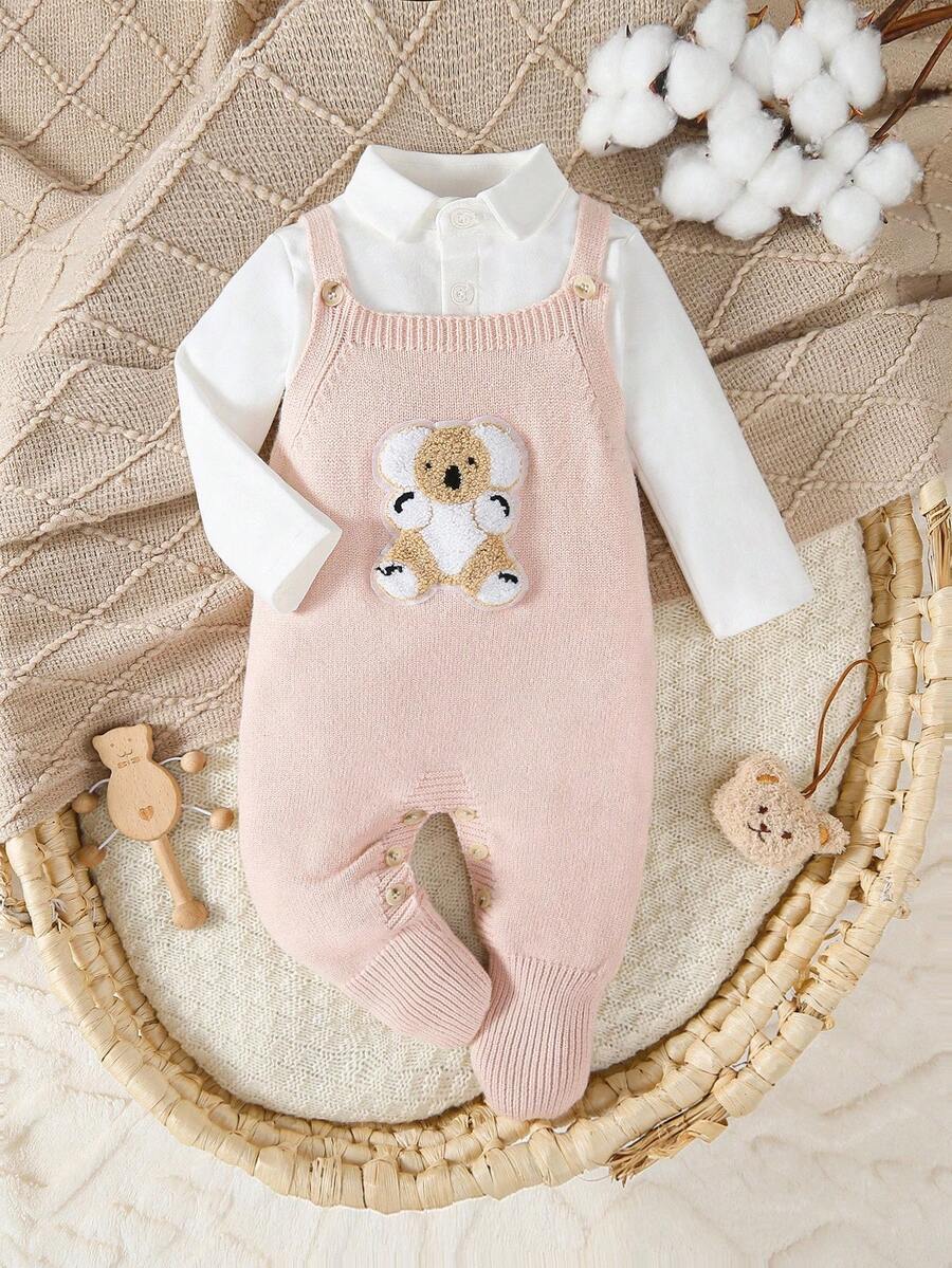 SHEIN Baby Boy 1pc Fall Winter Koala Flocking Sweater Romper - Apricot - View 1