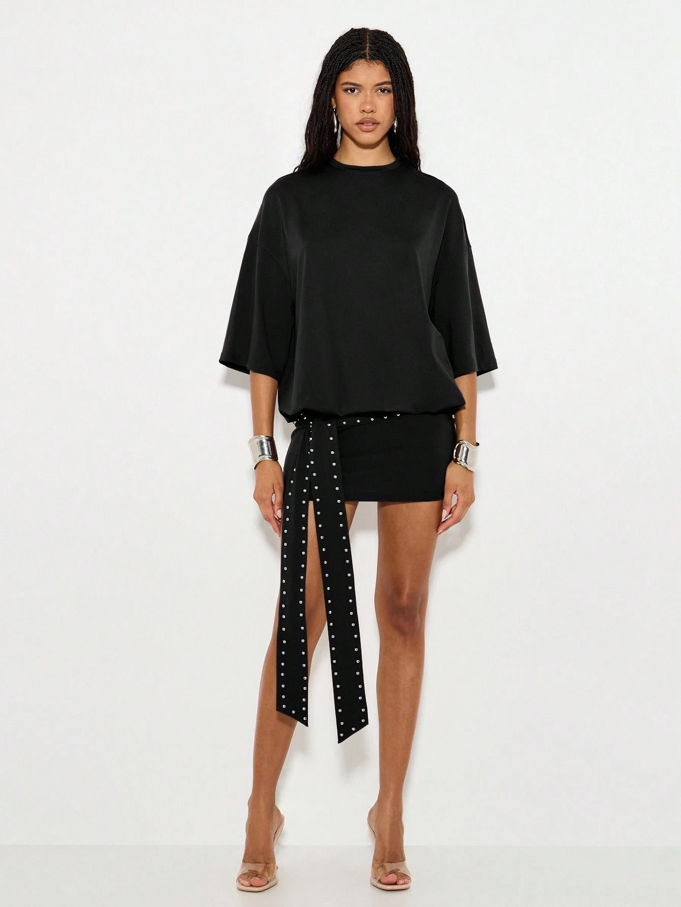 KIZN Oversized Mini Dress With Studded Belt And Batwing Sleeves