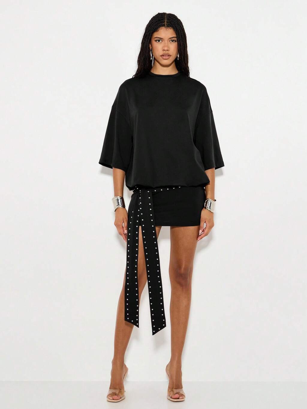 KIZN Oversized Mini Dress With Studded Belt And Batwing Sleeves