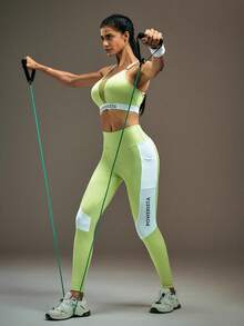 Powerista Women's Letter Print Mesh Patchwork Ring Decor Camisole Sports Bra - Green - View 2