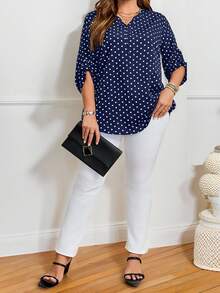 SHEIN CURVE+ Camisa casual de mujer talla grande con estampado de lunares, cuello con muesca y mangas enrolladas - Azul - Ver 6
