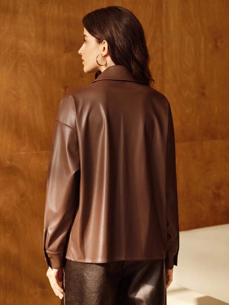 Women's Modern PU Brown Casual Office Blouse, Versatile For Autumn/Winter
