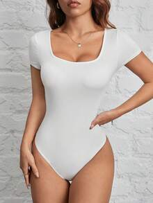 SHEIN PETITE Casual Simple Women's Two Piece Square Neck Short Sleeve Bodysuit Suitable For Summer
