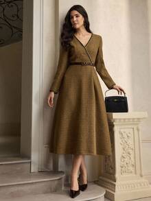 ZEYLAH Vestido elegante de manga larga con cuello en V y largo medio para mujeres - Café - Ver 7