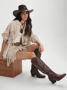 Styleloop Western Cowgirl Boots, Embroidered Riding Boots, Chelsea Boots, Tall Maillard Boots For Women, Suitable For Halloween, Christmas, Autumn Outfits, Western Boots, Core - Coffee Brown - View 8
