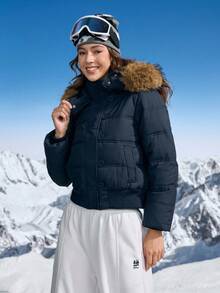 In My Nature Chaqueta corta vintage para uso diario, abrigo acolchado con capucha y cuello de piel gruesa de color azul marino para mujer, para invierno - Azul Marino - Ver 2