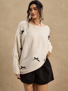 SHEIN VCAY 大码休闲蝴蝶结蝙蝠袖毛衣，秋冬 - 米色 - 查看 1