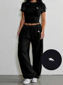 SHEIN EZwear 2件套加大码女式夏季休闲刺绣标志灰色套装 - 黑色 - 查看 3