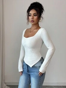 Elenzga Women's Casual Solid Color Asymmetric Hem Knit Sweater T-Shirt, Autumn/Winter - Apricot - View 6
