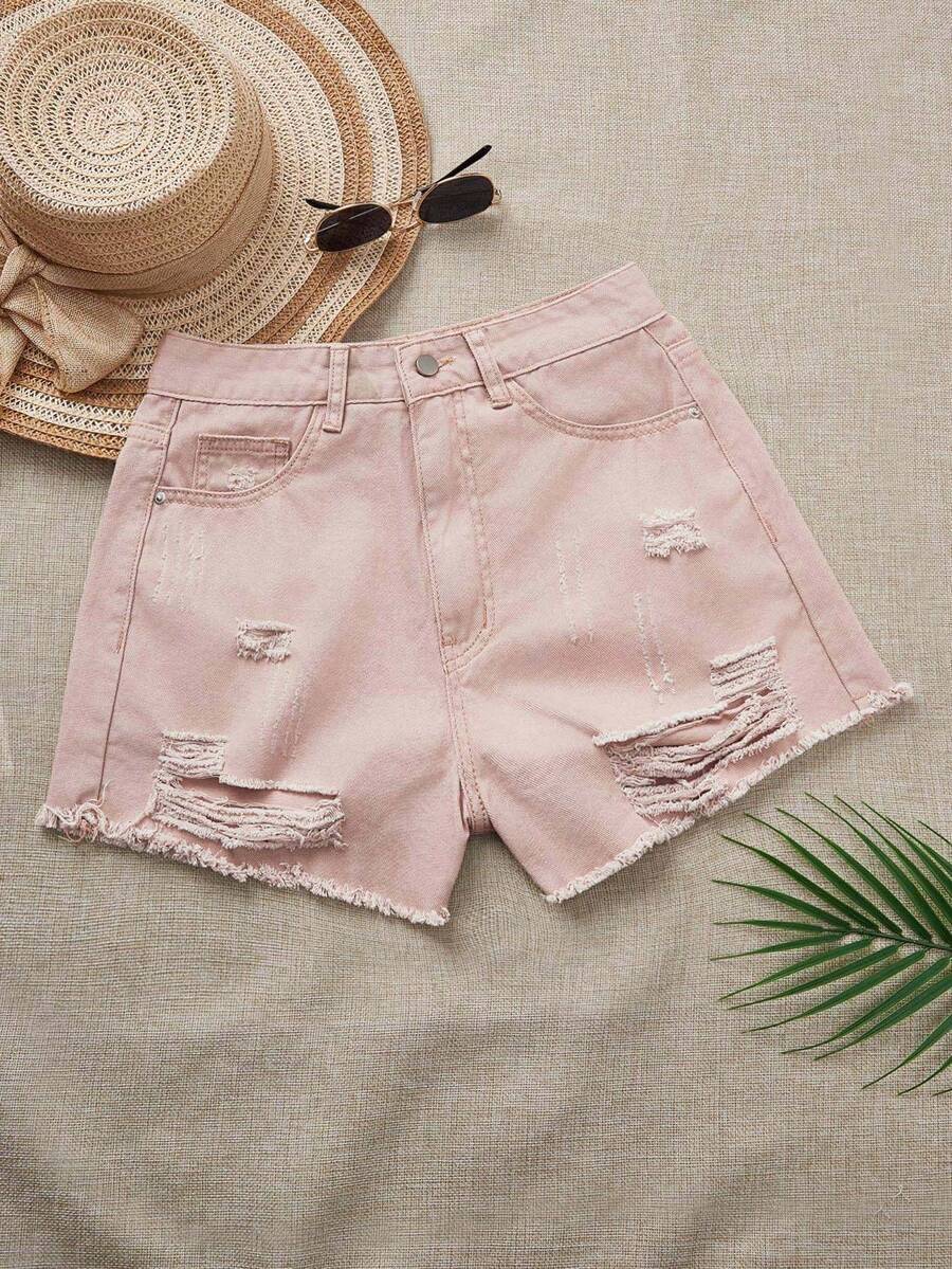 SHEIN LUNE Women's Casual Denim Shorts With Pockets And Distressed Hem - Apricot - View 1