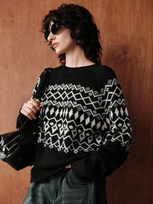 Zovinel Vintage Loose Fit Crew Neck Long Sleeve Contrast Color Diamond Jacquard Knit Pullover Sweater For Women, Autumn/Winter - Black - View 8
