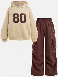 SHEIN Teen Girl Solid Color Numeric Print Hooded Sweatshirt With Cargo Pocket & Pants Two Pieces Tracksuit, Casual For Autumn/Winter - Beige - View 2