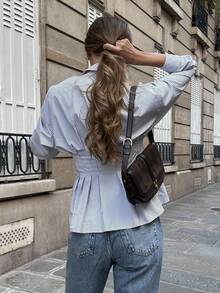SHEIN Unity Striped Waist Cinching Casual Shirt, Suitable For Commuting, Autumn/Winter - Black and White - View 2