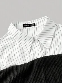 SHEIN MOD 黑白针织拼接条纹衬衫，两用上衣，返校季必备 - 黑與白 - 查看 3
