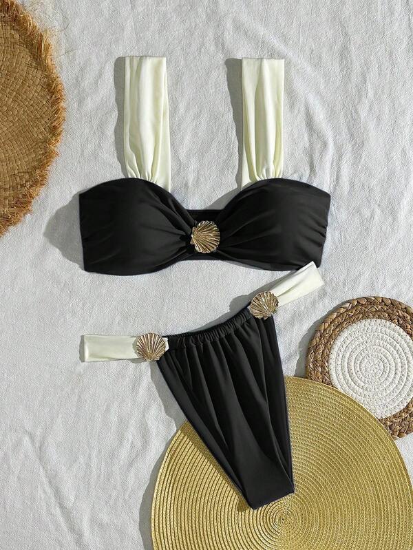 SHEIN Swim 2 piezas Conjunto de bikini de triángulo de cintura alta con decoración de concha de unicolor y parches, traje de baño minimalista para uso diario