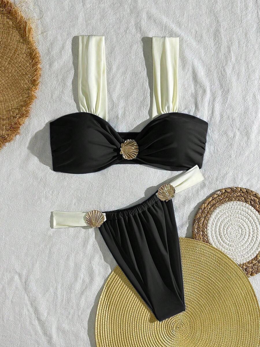 SHEIN Swim 2pcs Women's Solid Color Patchwork Shell Decor High Waist Triangle Bikini Set, Minimalist Daily Swimwear - Black and White - View 1