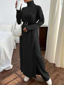 EURMUSE Conjunto de vestido de suéter largo con detalle de abertura y pantalones de suéter de punto acanalado de unicolor para mujer - Negro - Ver 2