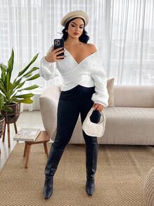 SHEIN SXY Autumn/Winter Studded Crossover Long Sleeve Off-Shoulder Sweater,New Year,Thanksgiving,White ,,Pearl - White - View 5