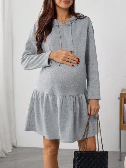 SHEIN 孕妇及哺乳期休闲纯色连帽连衣裙，秋季