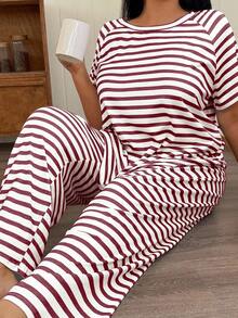 SHEIN Doze Lane 大码条纹印花插肩袖休闲睡衣套装 - 酒紅色 - 查看 1