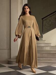 ZEYLAH Robe élégante de soirée à manches lanternes de couleur unie avec cristaux ornés - Kaki - Voir 5