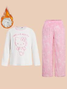 HELLO KITTY AND FRIENDS | SHEIN 大码女式卡通字母刺绣舒适圆领宽松羊毛套头衫和裤子睡衣套装冬秋装 - 白色 - 查看 1