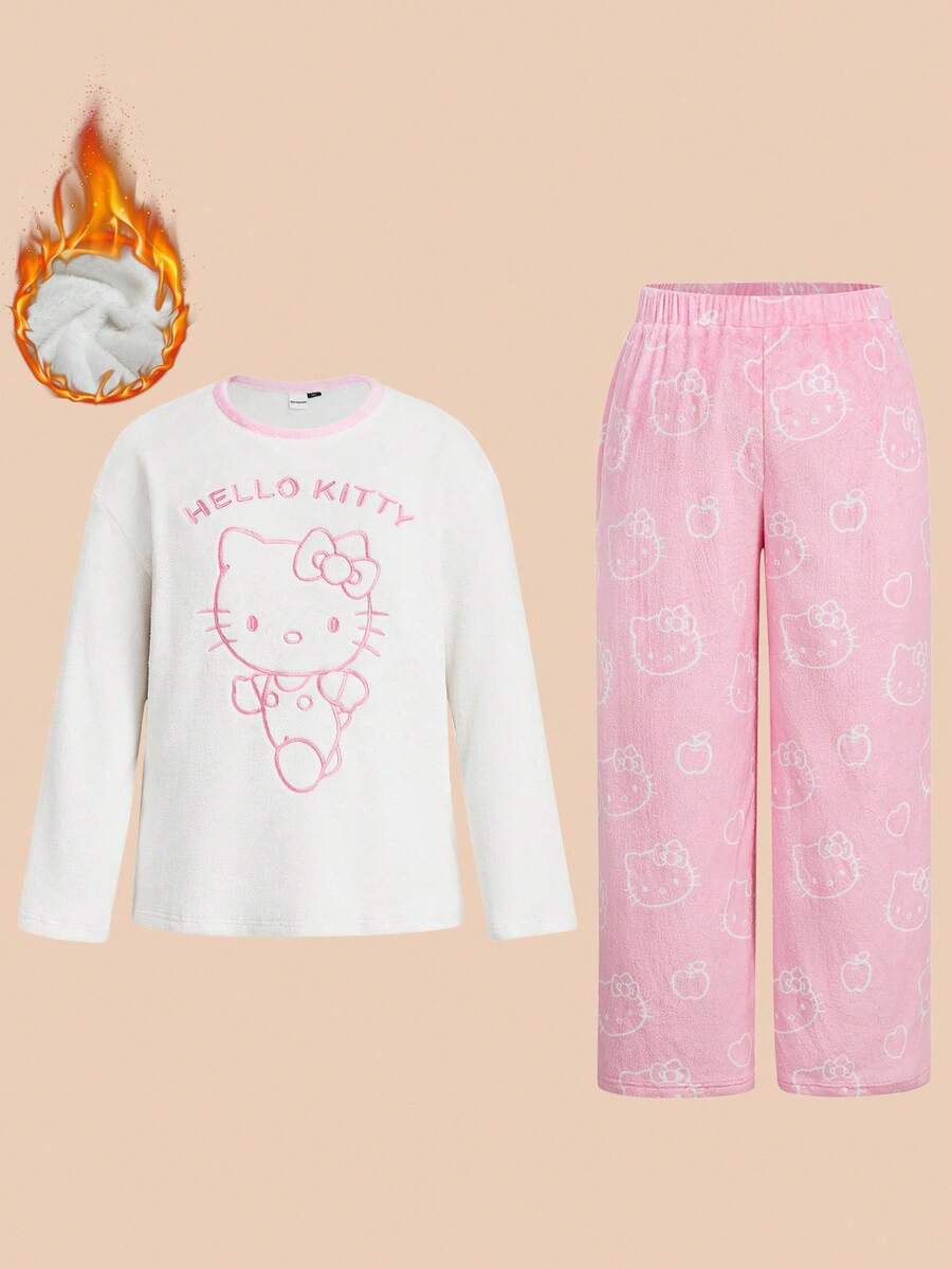 HELLO KITTY AND FRIENDS | SHEIN 大码女式卡通字母刺绣舒适圆领宽松羊毛套头衫和裤子睡衣套装冬秋装 - 白色 - 查看 1