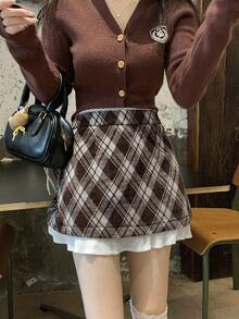 DAZY 韩版格子休闲迷你裙 女式冬季裙装 - 酒紅色 - 查看 4