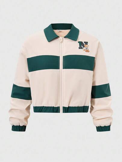 SHEIN Explorewe 1 Piece Girl's American Style Short Motorcycle Jacket, Casual Contrasting Lapels And Velvet Center Front Zipper, Retro Korean Style Top, Retro/Versatile/Casual, Suitable For Street Workwear Sports Jacket, Suitable For Spring, Autumn And Winter, Suitable For School, Suitable For Christmas And Halloween Atmosphere