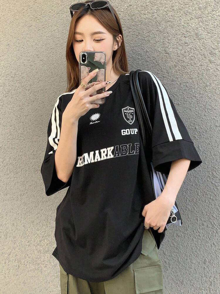 Round Neck Striped Side Slit T-Shirt Oversized T-Shirt,Graphic Tees