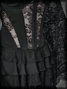 SHEIN ICON Váy ngắn xếp tầng ren corset cỡ lớn màu đen, áo ren tay loe thắt nơ phía trước, bộ đồ hai mảnh phong cách cổ điển Y2K, trang phục Halloween - màu đen - Xem 6