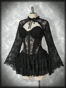 SHEIN ICON Váy ngắn xếp tầng ren corset cỡ lớn màu đen, áo ren tay loe thắt nơ phía trước, bộ đồ hai mảnh phong cách cổ điển Y2K, trang phục Halloween - màu đen - Xem 7