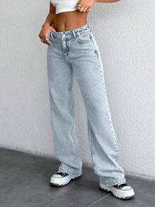 SHEIN Cottnline Quần jean ống rộng cạp trễ 100% cotton giặt tuyết - Màu xanh nhạt - Xem 7