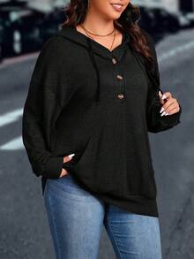 EMERY ROSE Sudadera con cordón y hombros caídos talla grande para mujeres, ideal para graduación, regreso a clases, graduación, maestros, sudadera de otoño e invierno - Negro - Ver 5
