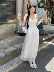 DAZY Women's Mesh Patchwork Spaghetti Strap Mid-Length Dress, Korean Style Summer Women Dresses Sundress - White - View 8