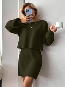 EURMUSE Women's Casual Solid Color Sweater And Knitted Skirt 2 Pieces Set - Army Green - View 4