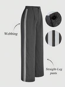 Velvienne Quần ống đứng họa tiết sọc cỡ lớn dành cho nữ - Xám - Xem 1