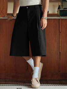 SWAVVY Men's Casual Loose Solid Color Woven 3/4 Pants, Everyday Wear - Black - View 3