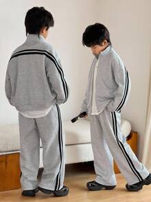 SHEIN 2 件青少年男孩休闲韩版宽松字母图案连帽衫和运动裤套装，适合通勤、上学、日常休闲装、运动、春夏秋冬