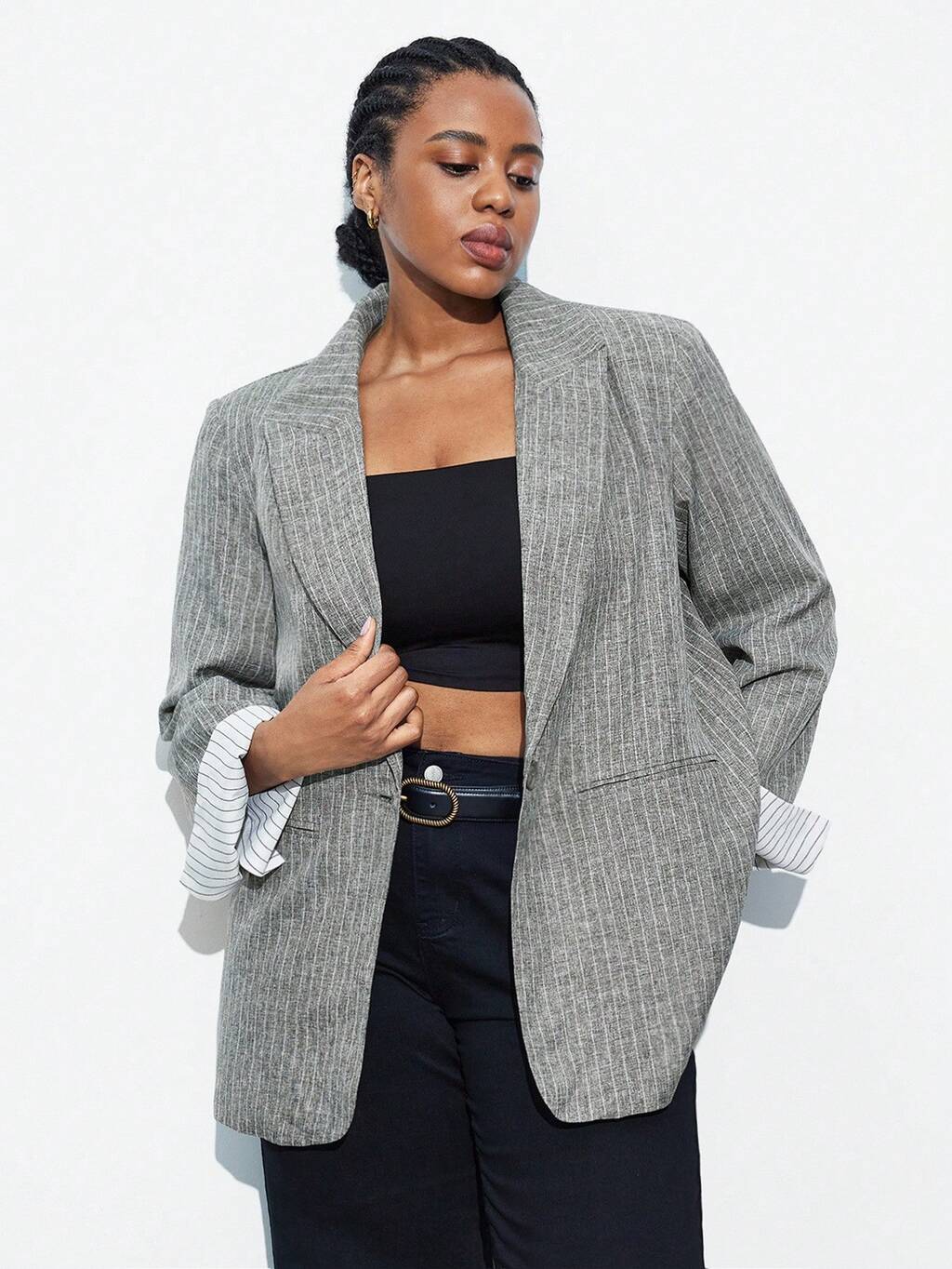 SHEIN Maija ストライプ柄 長袖 パッチワーク ラペル襟 エレガントなファッション ミュージックフェス デイリーアウトfit ブレザー、オールドマネースタイル、ビジネスカジュアル