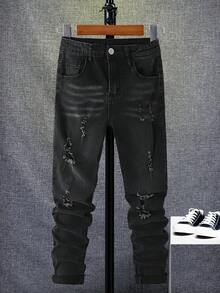 SHEIN Tween Boy Fashion Black Streetwear School Back-To-School Summer Y2k Vintage Ripped Frayed Skinny Jeans Kids Stretch Denim Pants Comfortable Dailywear - Black - View 6
