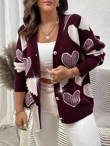 Elenzga Plus Size Casual Colorblock Heart Studded Embellished Cardigan, Autumn - Burgundy - View 5