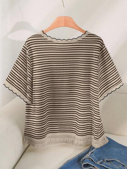 CosyJoli Plus Size Women Summer Casual Striped Loose Fit Round Neck T-Shirt,Slightly Sheer Spring