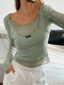 Livesso Women's Fitted 2 In 1 Long Sleeve Letter Jacquard Spring/Summer Top T-Shirt - Green - View 4