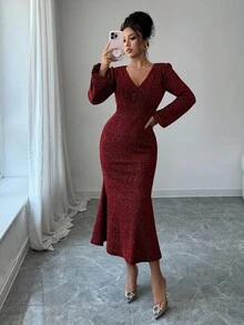 DAZY Elegant Sequin V-Neck Fishtail Midi Dress For Women, Autumn Red Women Dresses Prom Dress Christmas - Burgundy - View 3