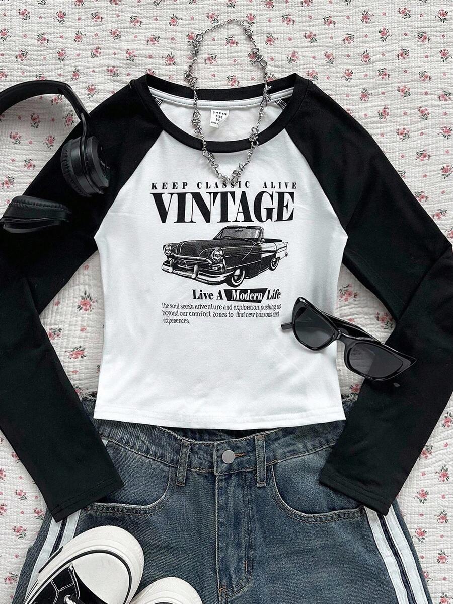 SHEIN Tween Girls Vintage Racing Car Pattern, Teen Girls Casual Minimalist Raglan Sleeve T-Shirt, Suitable For Summer Fall Winter - Black and White - View 1