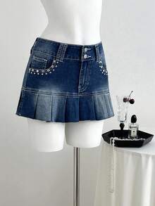 Elamini Chân váy denim ngắn xếp ly thời trang có túi đinh tán dành cho nữ - Màu xanh lam - Xem 1