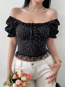 Celisse Fashionable New French Style White Polka Dot Lace Patchwork Summer Square Collar Puff Sleeve Women Blouse - Black - View 4
