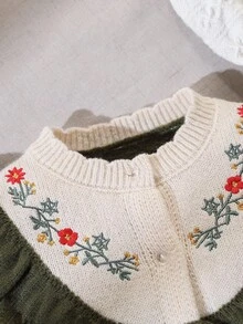 SHEIN 少女可爱荷叶边刺绣撞色针织开衫 - 軍綠色 - 查看 6